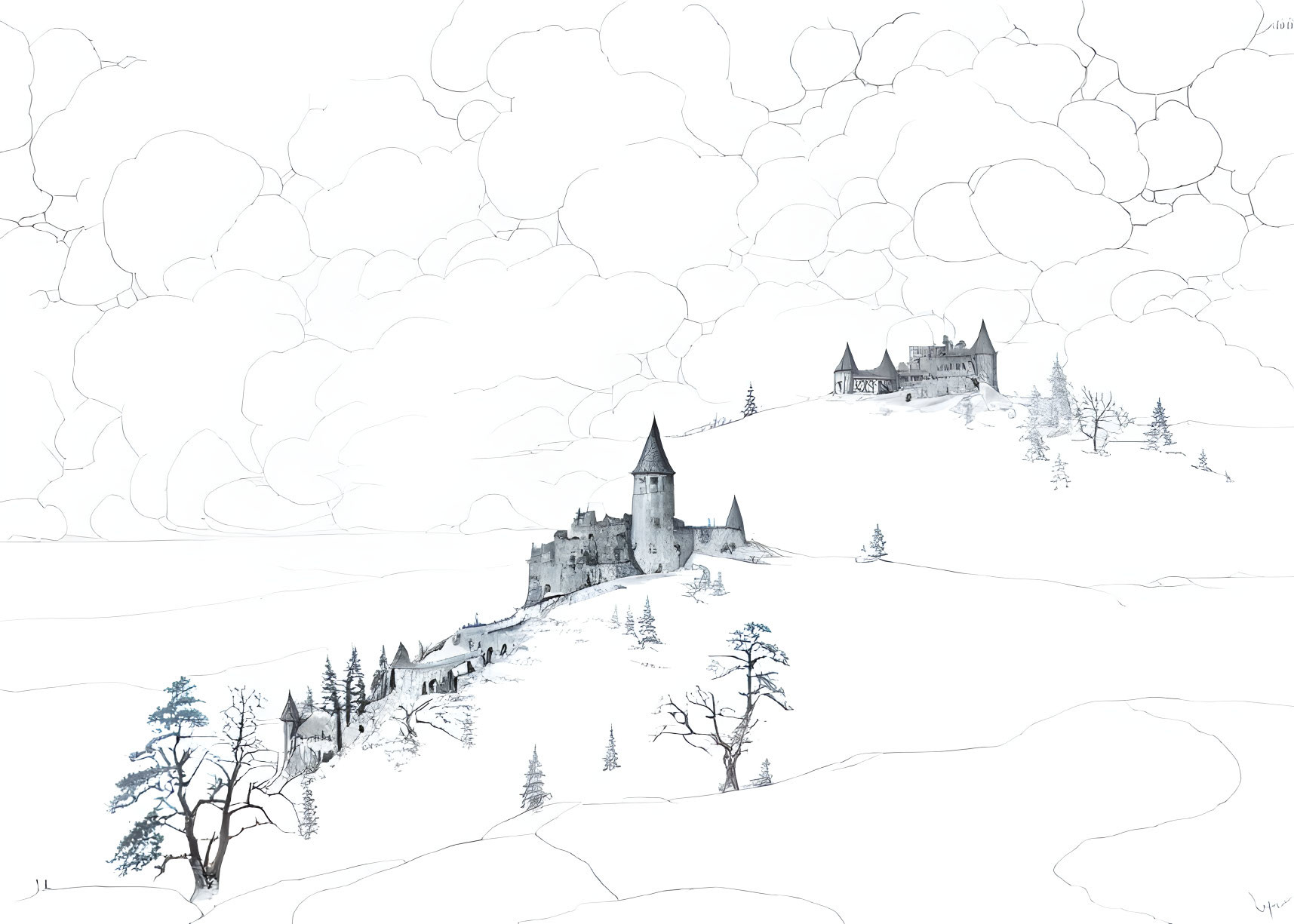 Monochromatic snowy landscape with two castles, hills, and bare trees