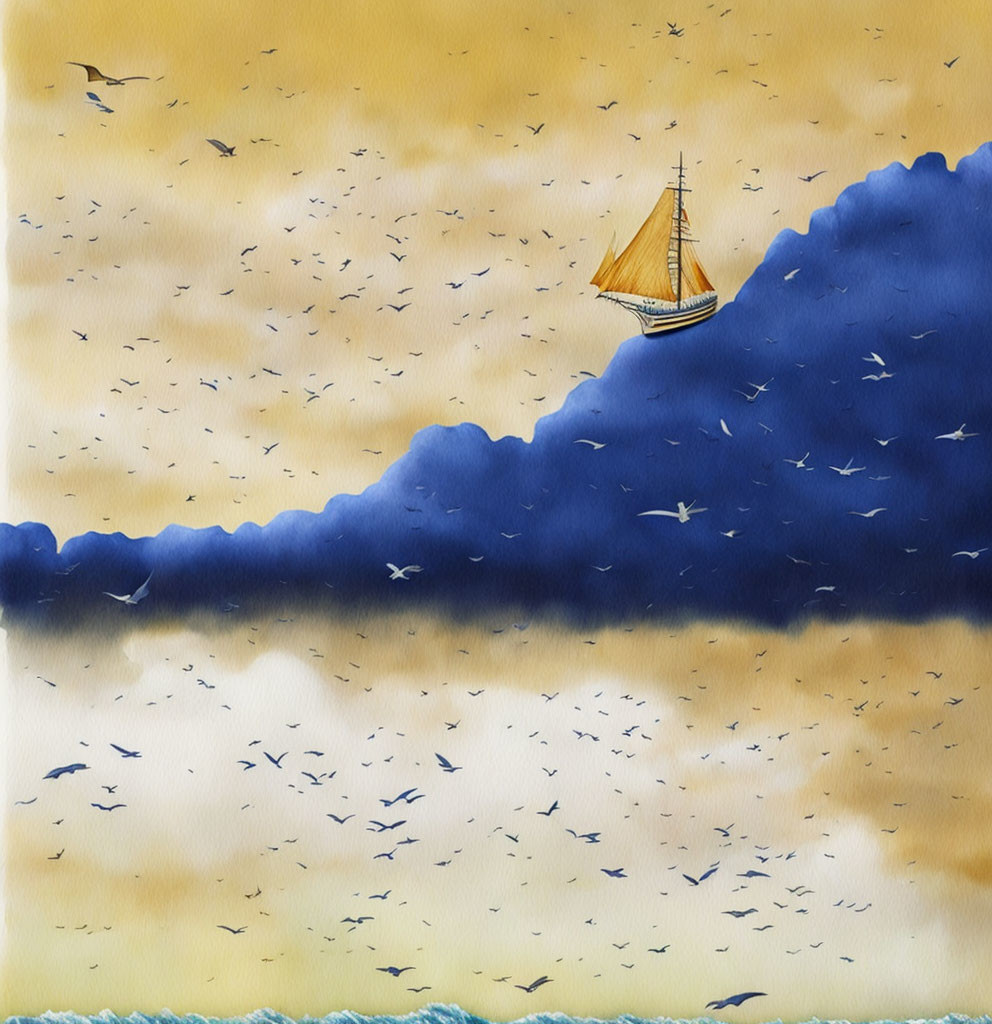 Sailboat painting with birds under golden sky