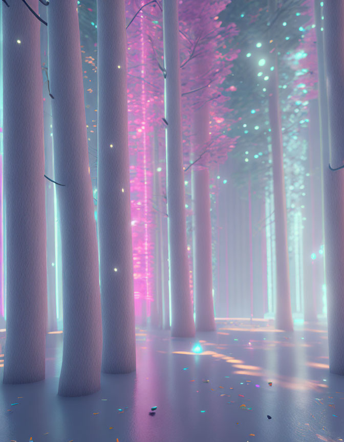 Enchanting forest scene with tall white trees and mystical lights