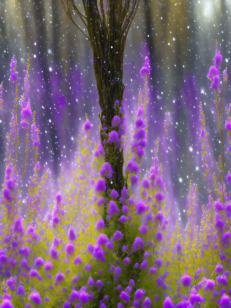 Whimsical tree with purple flowers under starry night sky