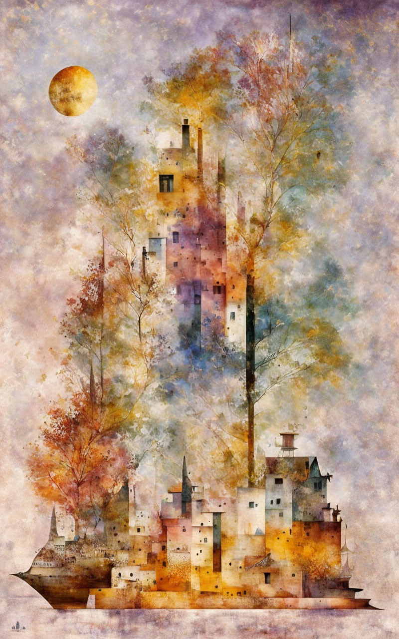 Watercolor painting: Castle merging with nature, ship-like structure under moon