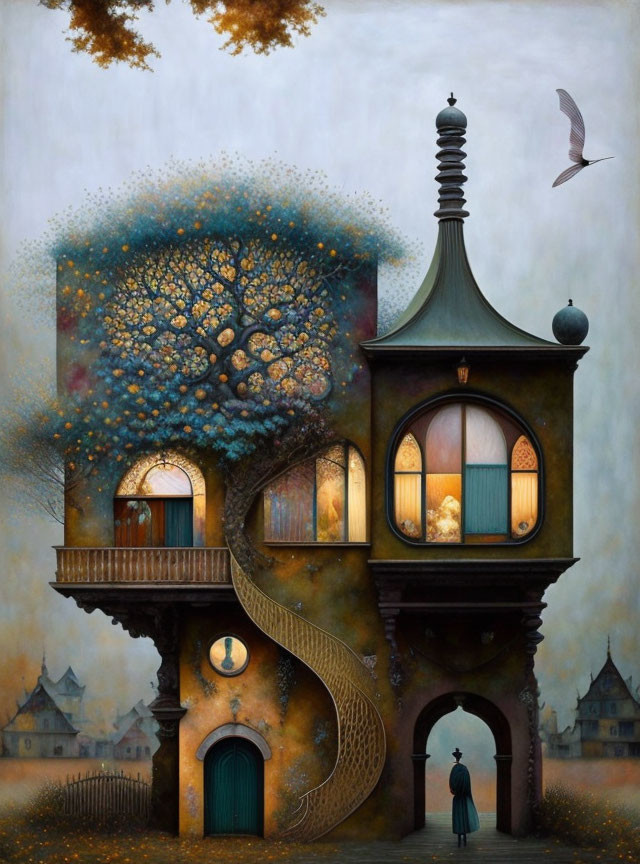 Whimsical surreal artwork: glowing windows, spiral slide, tree-like structure