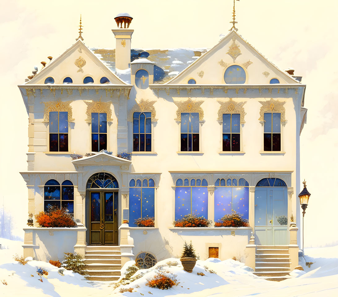 Ornate holiday-decorated house in snowy landscape