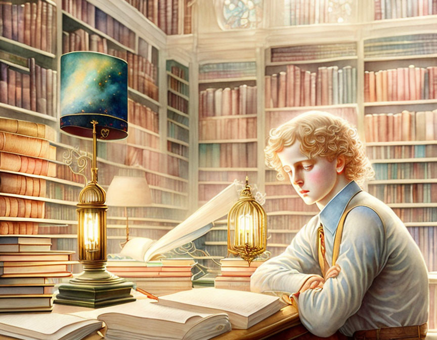 Curly Blonde Hair Person Studying at Wooden Desk Among Bookshelves