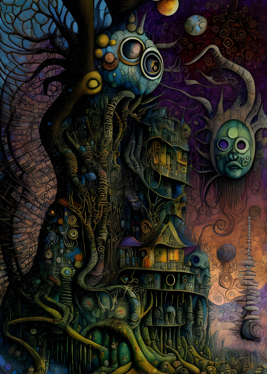 Fantastical tree-like structure with faces and windows in surreal artwork