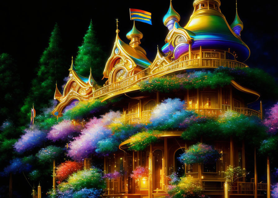 Fantastical image: Vibrant building with ornate rooftops & luminous trees at night