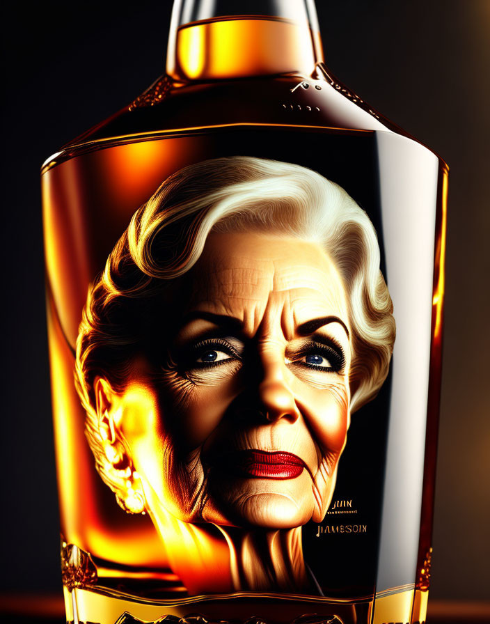 Detailed Close-Up of Artistic Older Woman Illustration on Jameson Whiskey Bottle