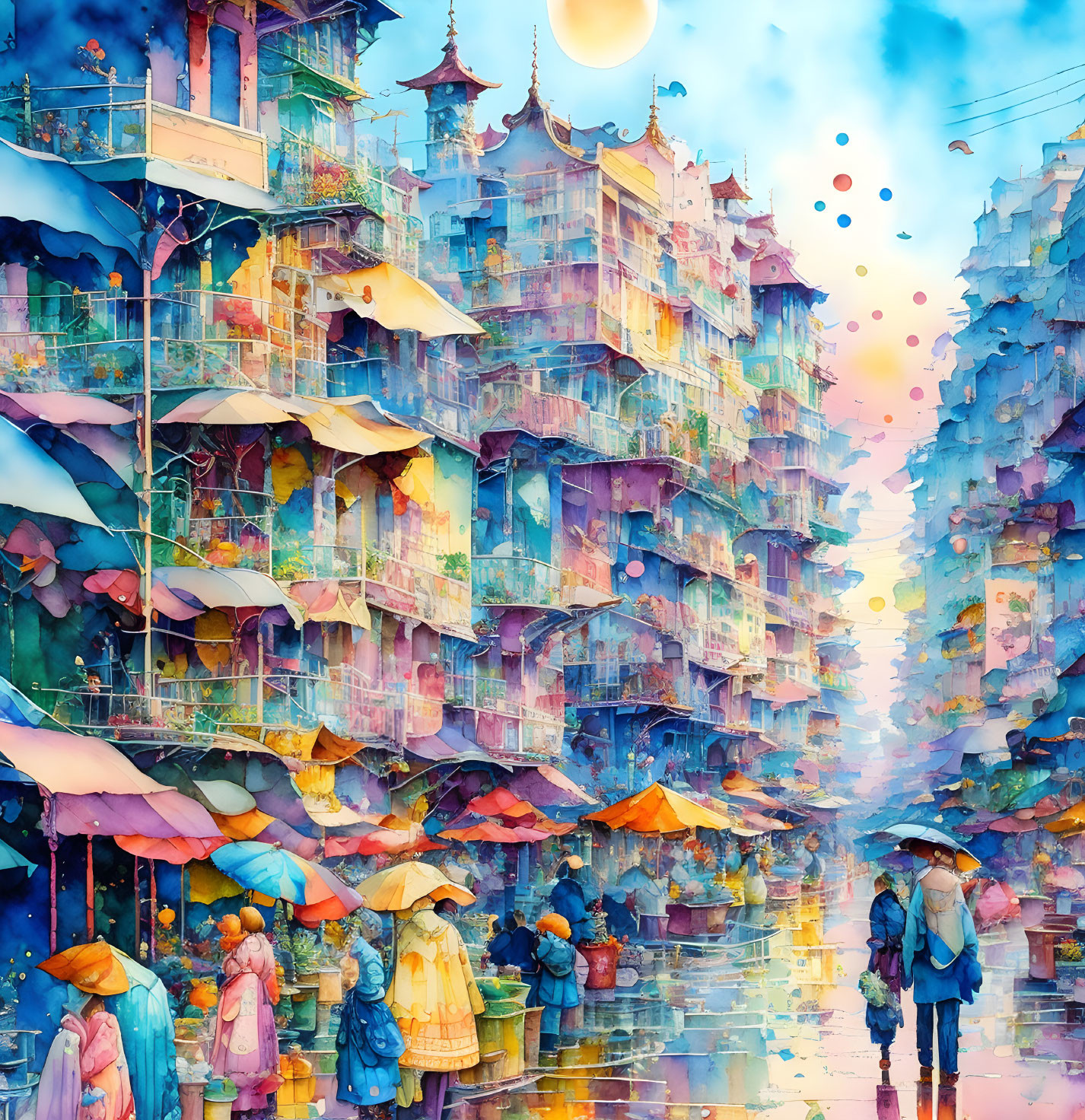 Vibrant surreal street scene with umbrellas and whimsical buildings