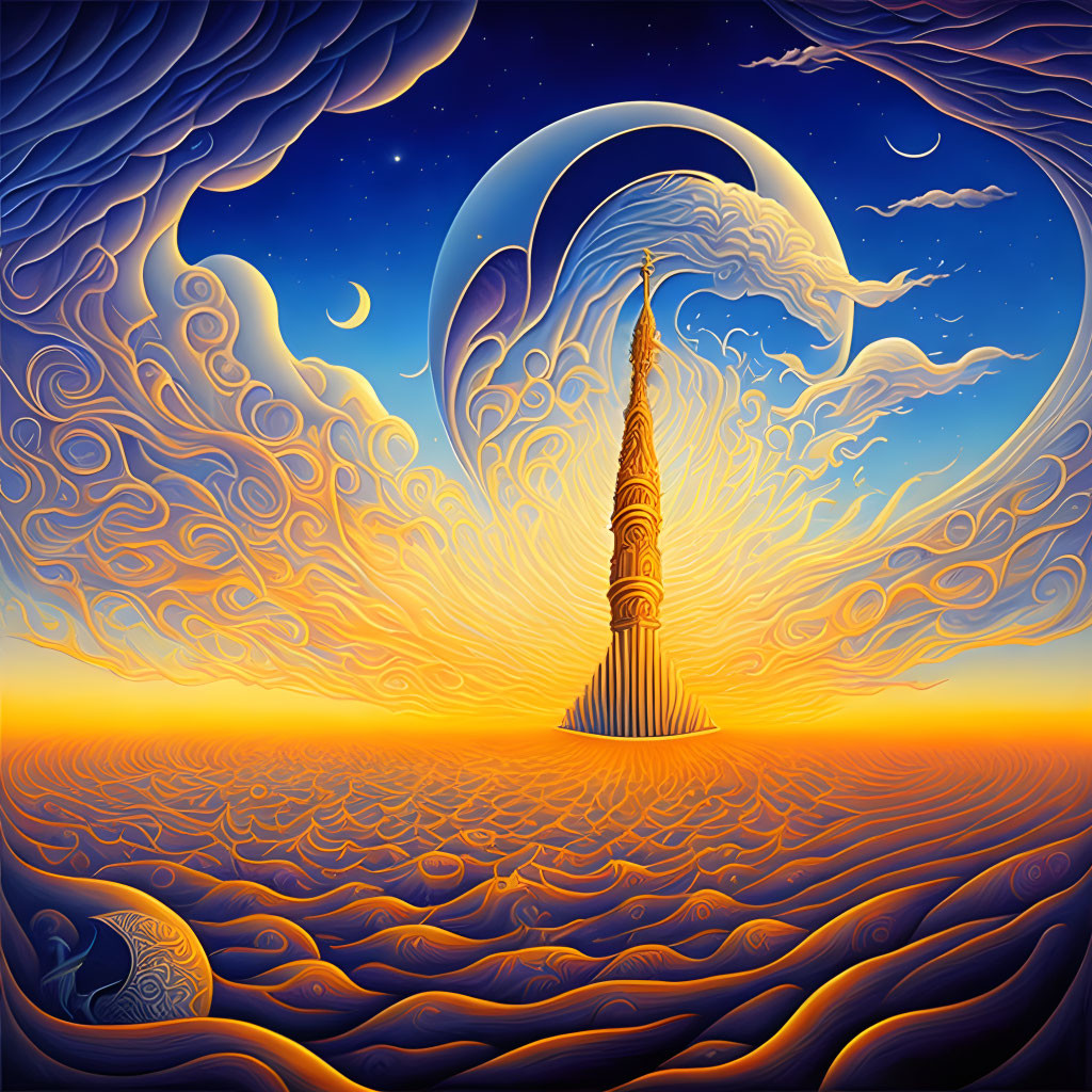 Surreal artwork: Towering spire, moons, swirling sky, ocean backdrop