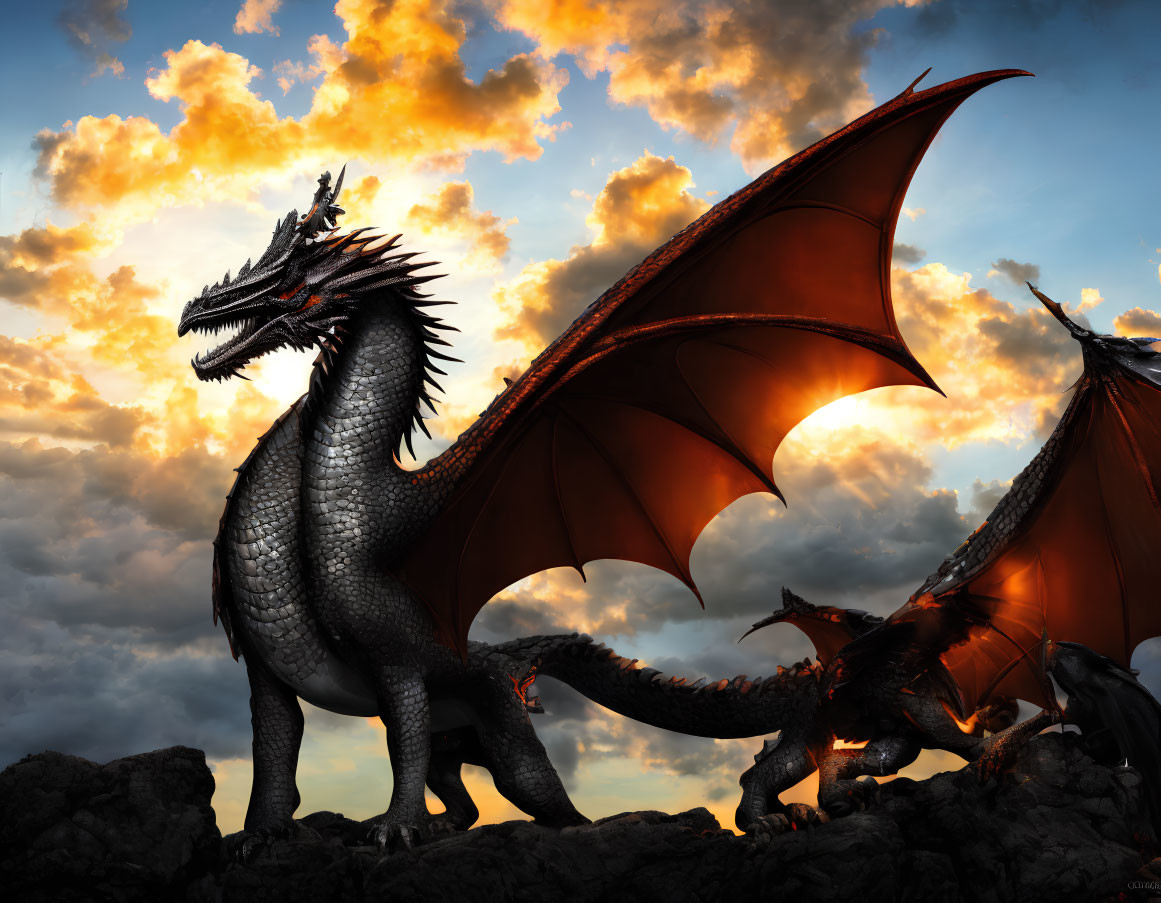 Majestic black dragons with large wings and fiery orange eyes on rocky terrain under dramatic sunset sky