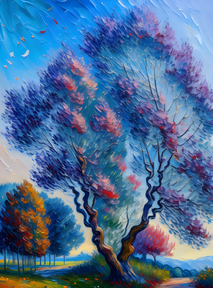 Colorful painting of whimsical tree with blue and purple leaves, autumn background, and falling leaves under