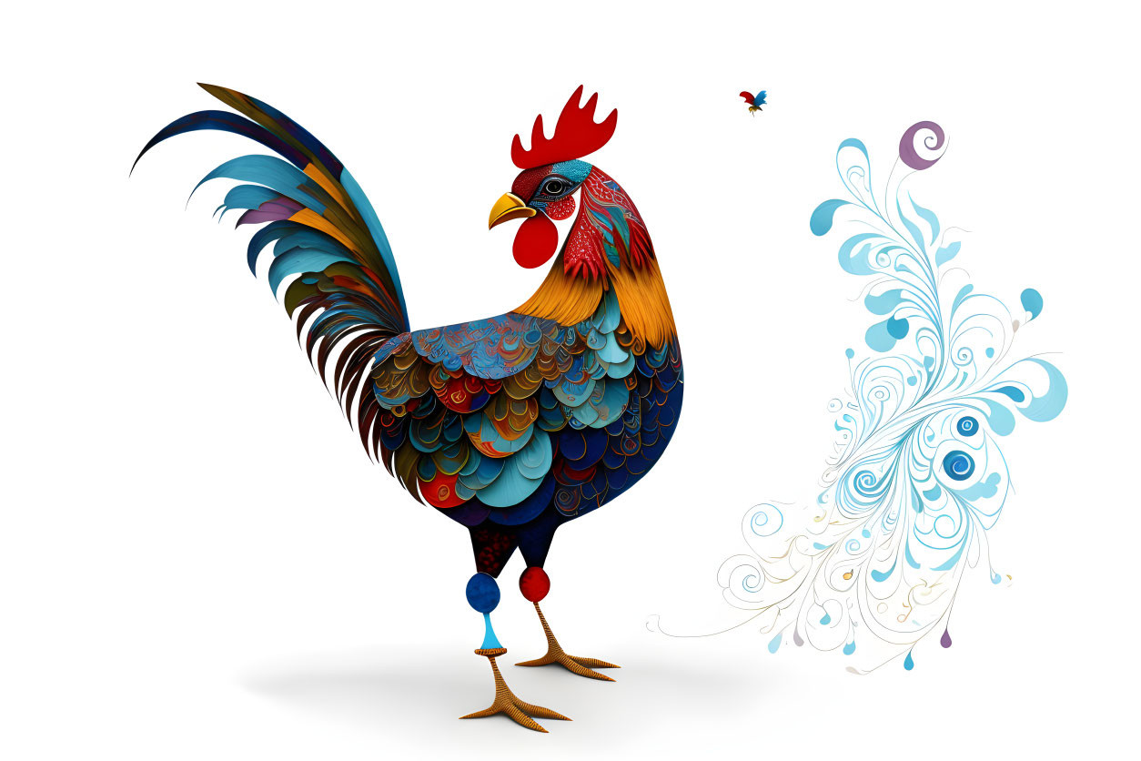 Vibrant Rooster and Butterfly Illustration on White Background