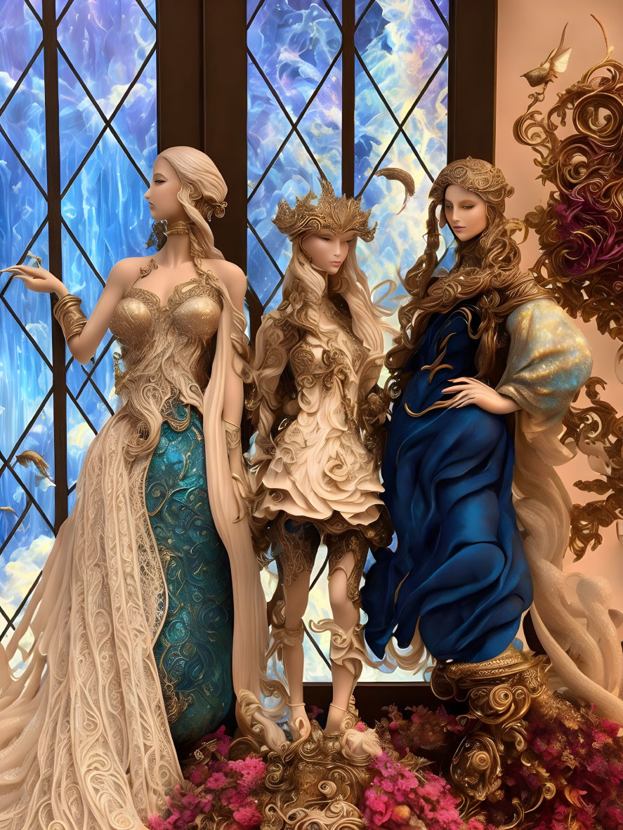 Three elegant figures in ornate dresses by stained glass windows