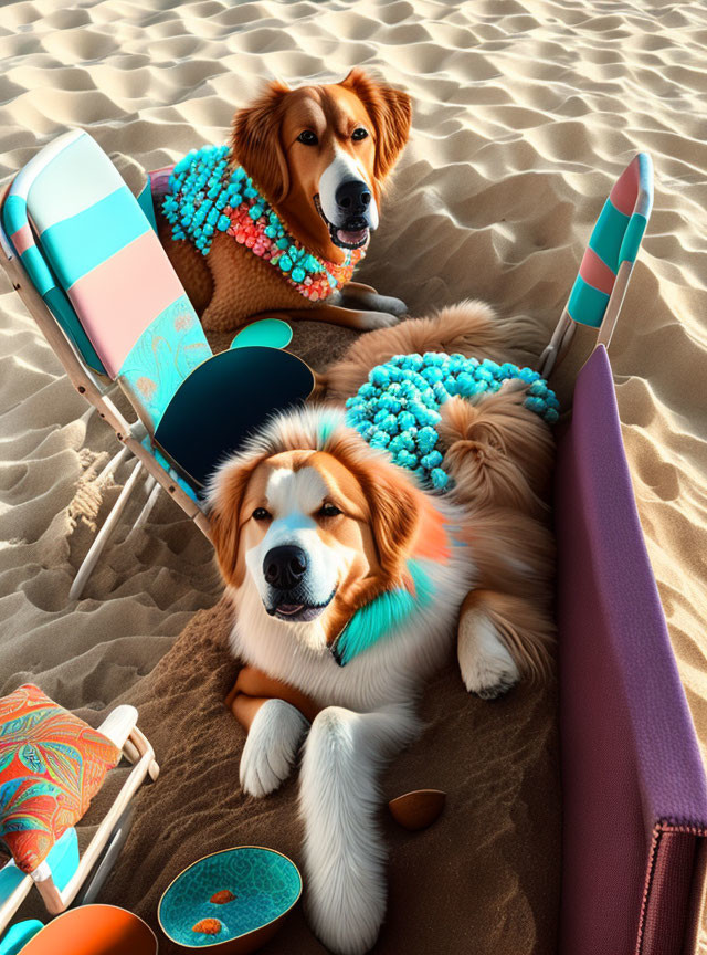 Golden retrievers in blue and peach pompom outfits on sandy beach with chair and surfboard