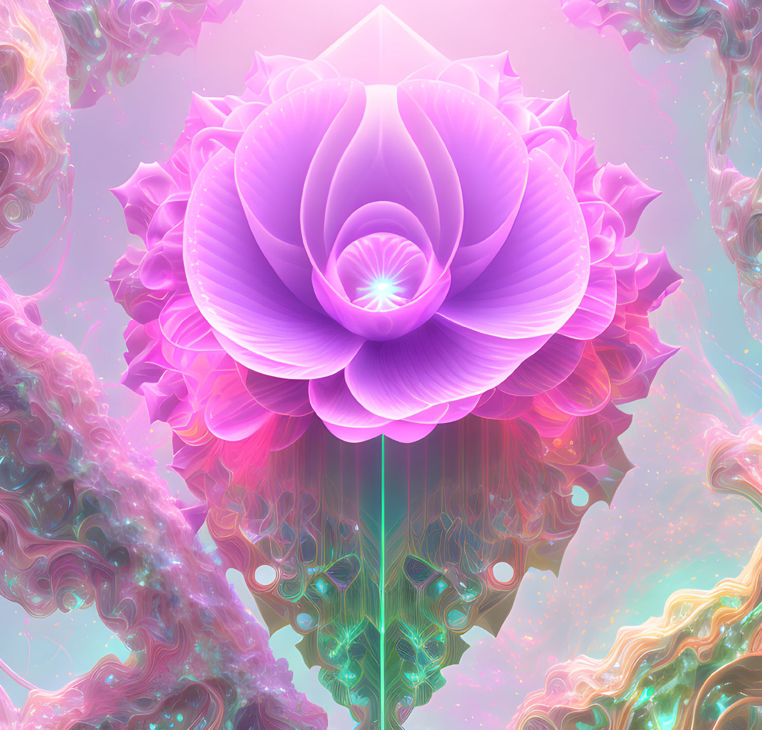 Colorful digital artwork: Large purple lotus on pink and teal fractal background