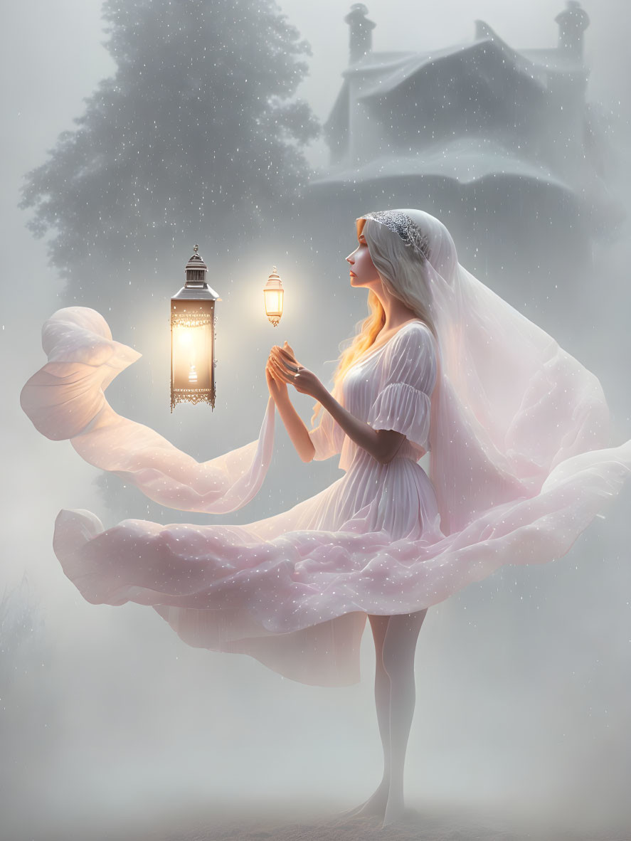 Woman in white dress with lantern in snowy scene