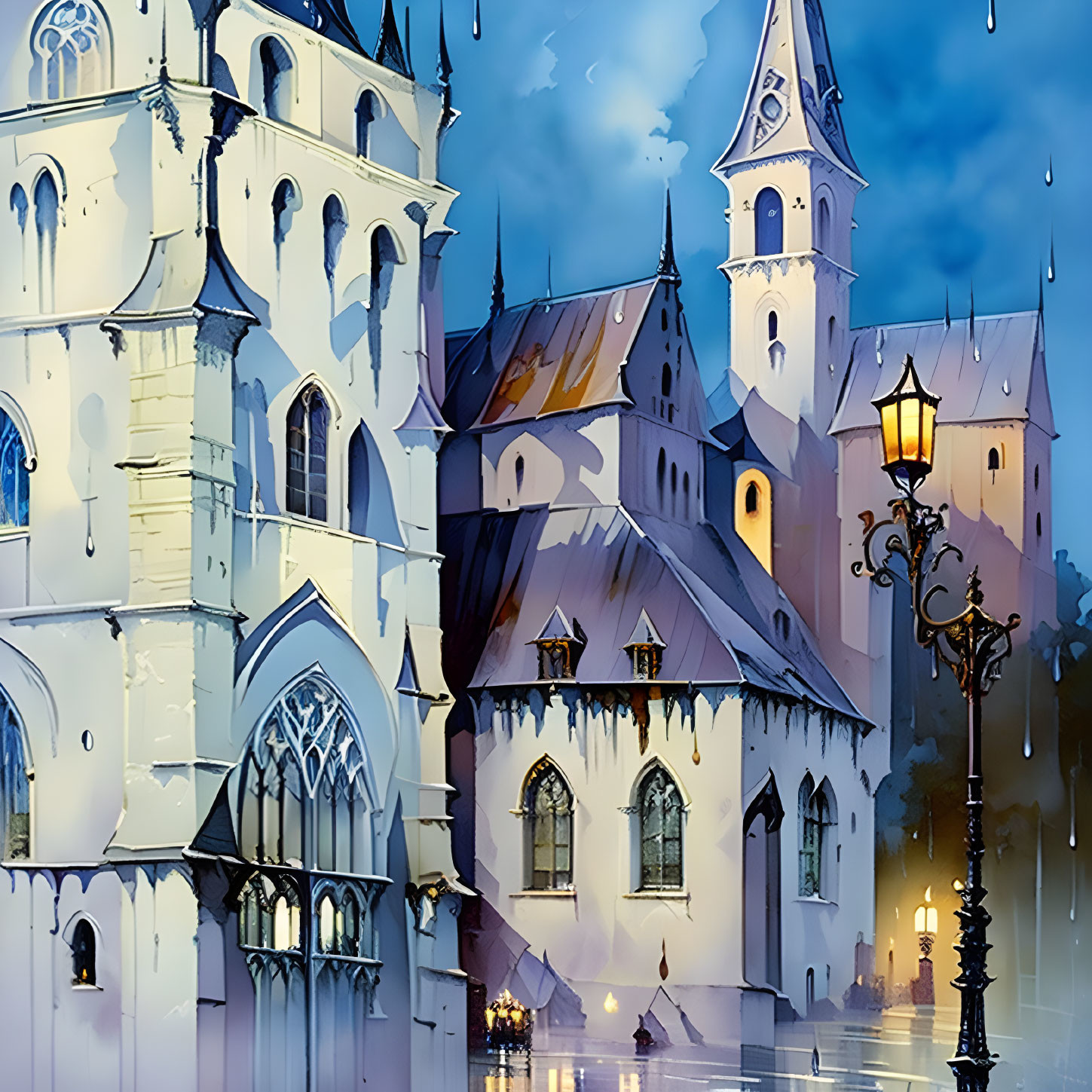 Gothic-style buildings with pointed arches and tall spire in rainy sky with vintage street lamp