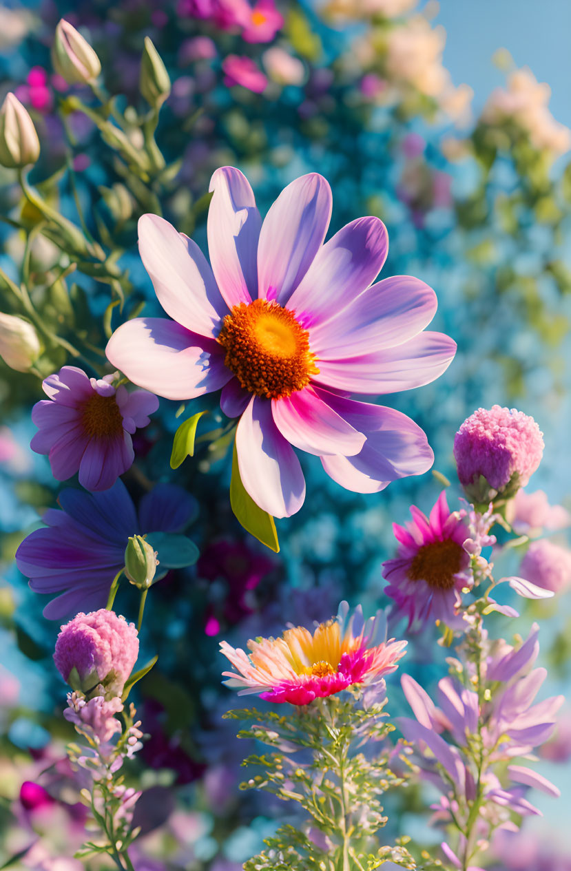 Colorful purple and pink flowers under clear blue sky