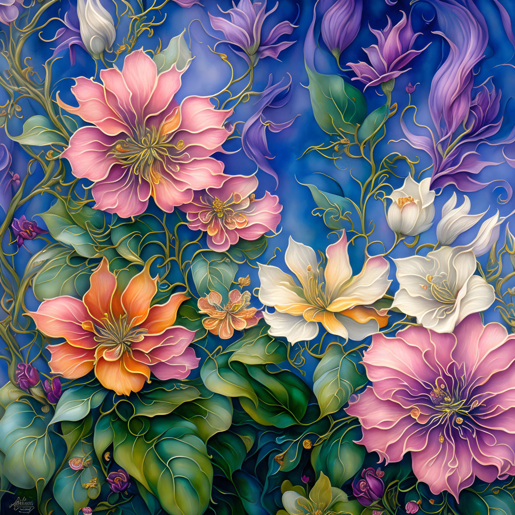 Colorful floral painting with pink and orange flowers on a blue backdrop.