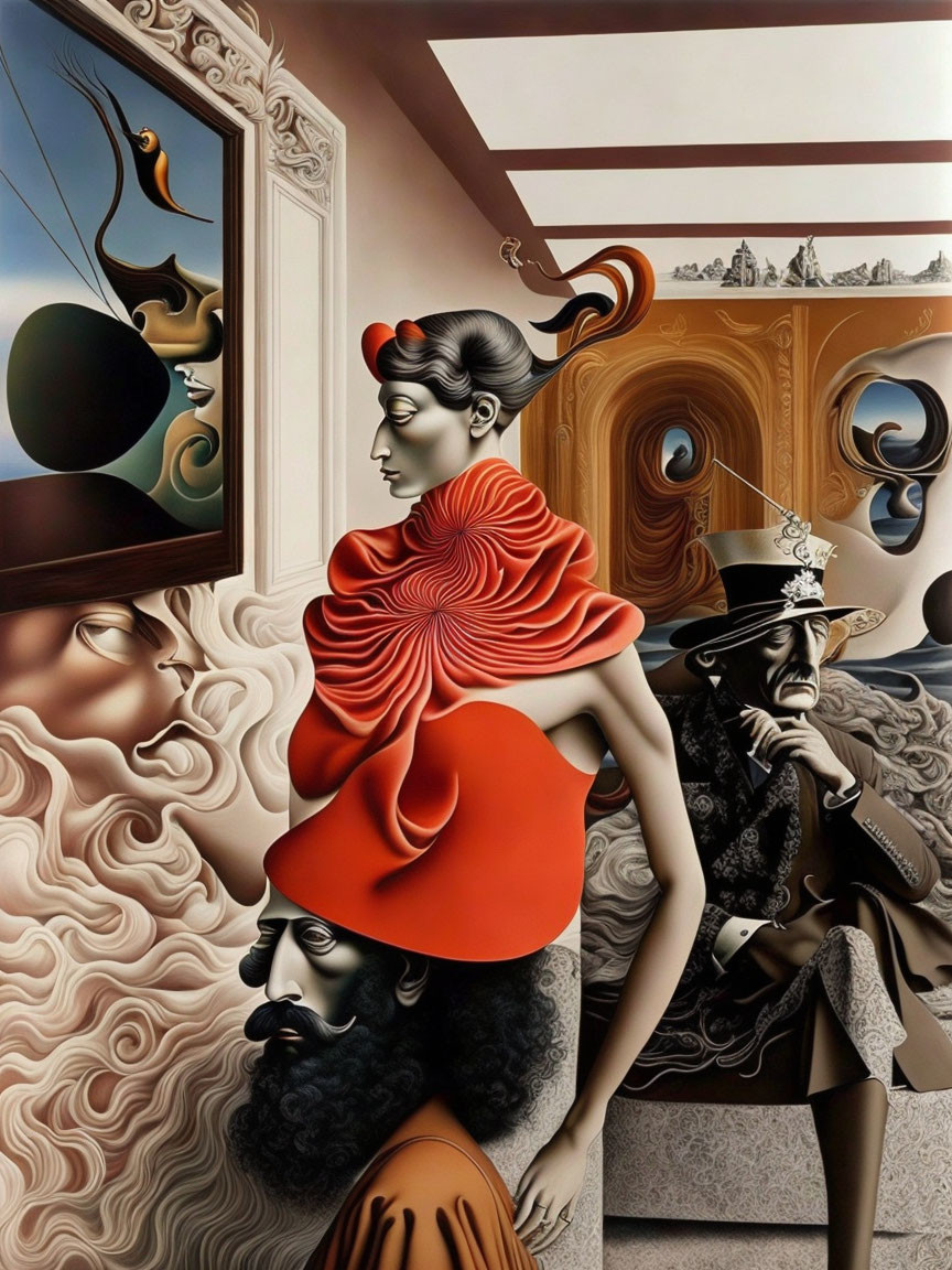 Surreal artwork: Seated man, standing woman, and thinker in architectural fusion