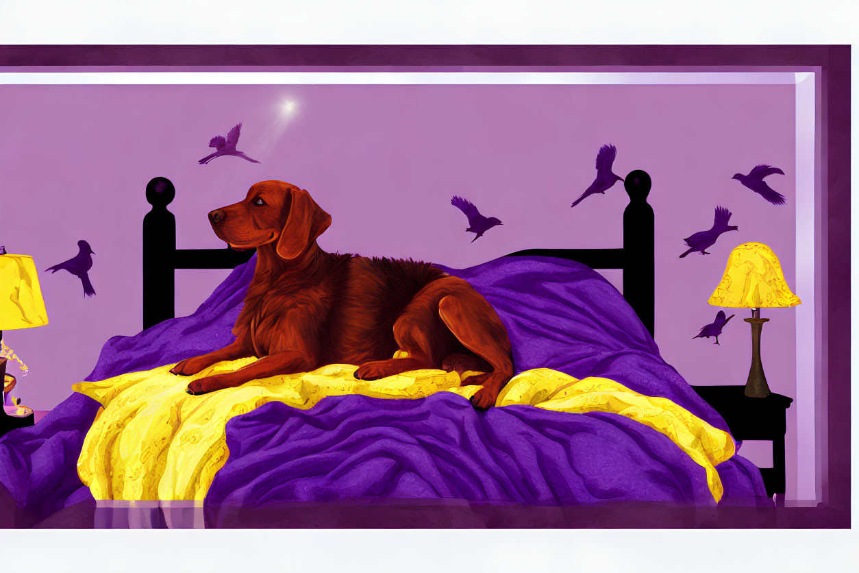 Brown dog on purple bed with yellow blankets, birds silhouetted against window