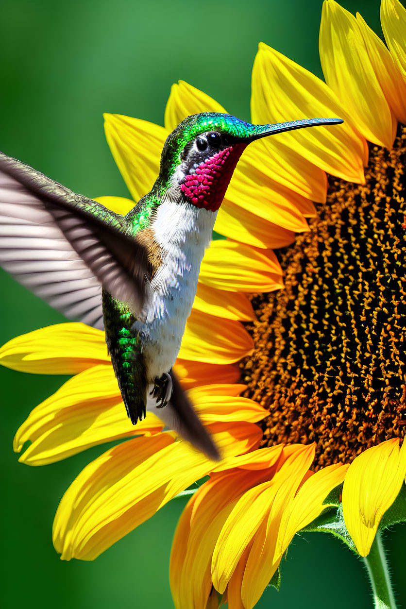 Iridescent Green Hummingbird Near Vibrant Yellow Sunflower