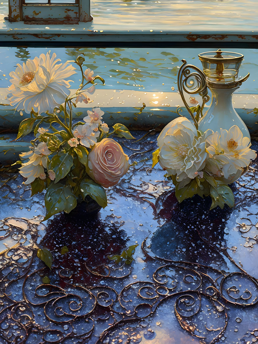 Classic vase with white blooms and pink rose on patterned surface