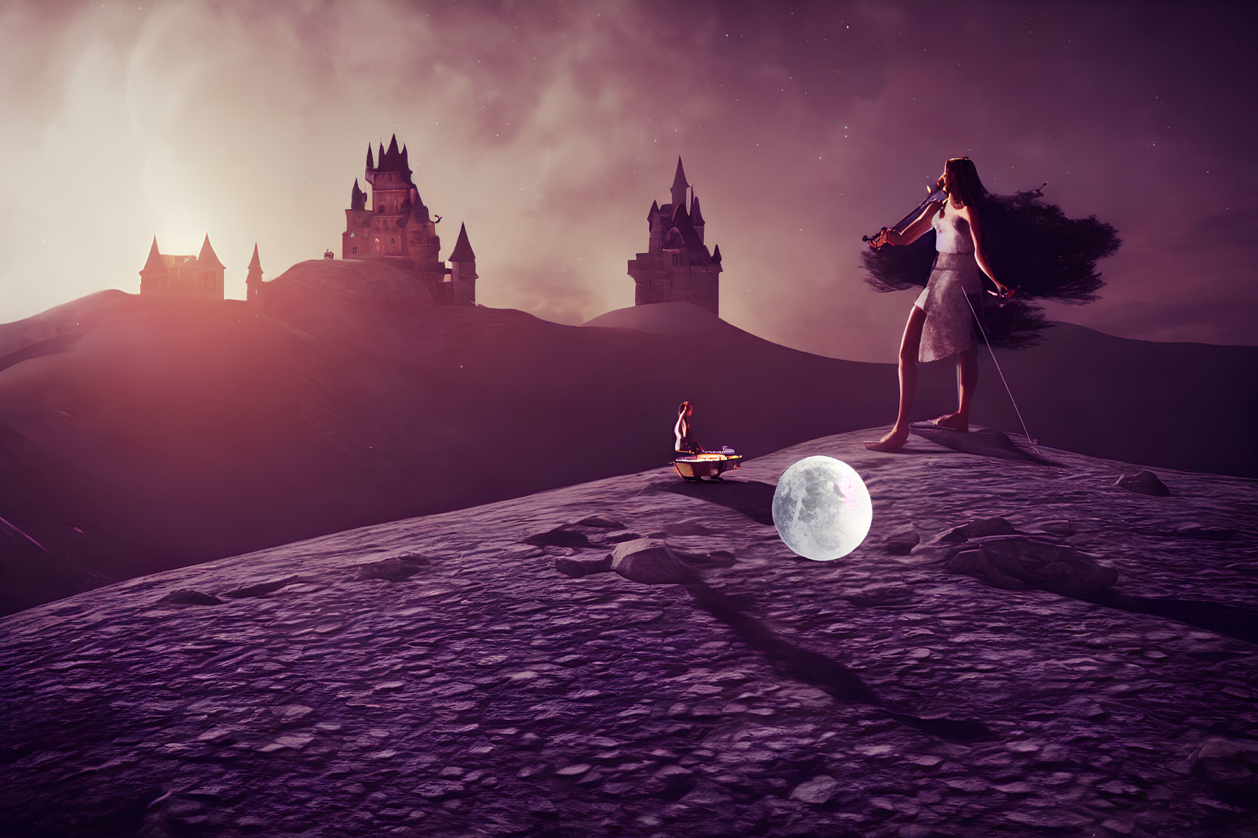 Fantasy landscape with violin player, purple sky, moon, and distant castles