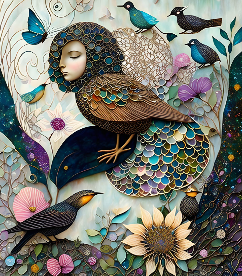 Colorful surreal illustration: Woman fused with bird, surrounded by flora and fauna