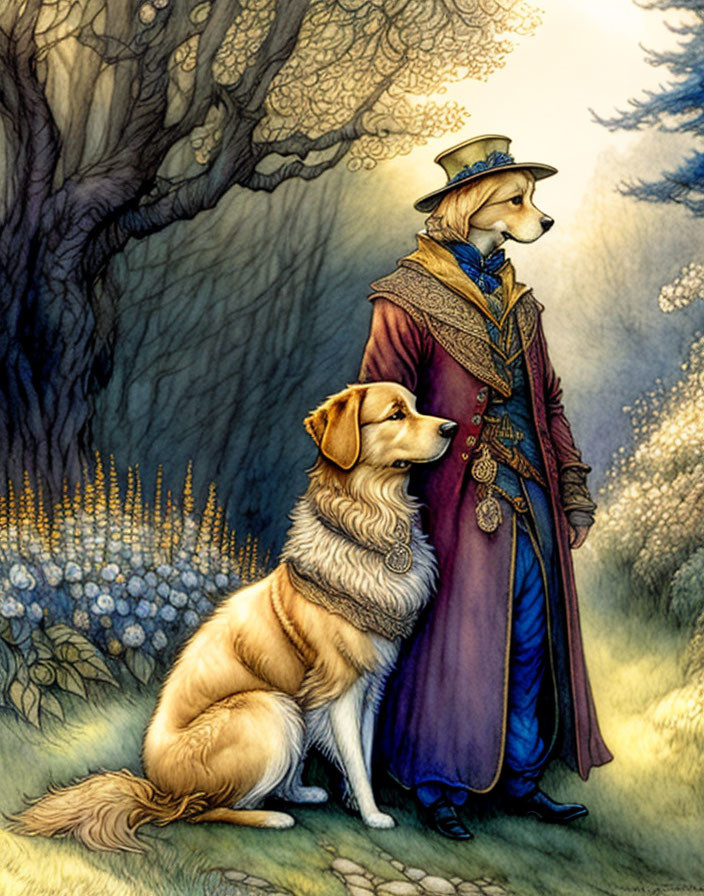 Anthropomorphic dog in purple coat with golden retriever in forest clearing