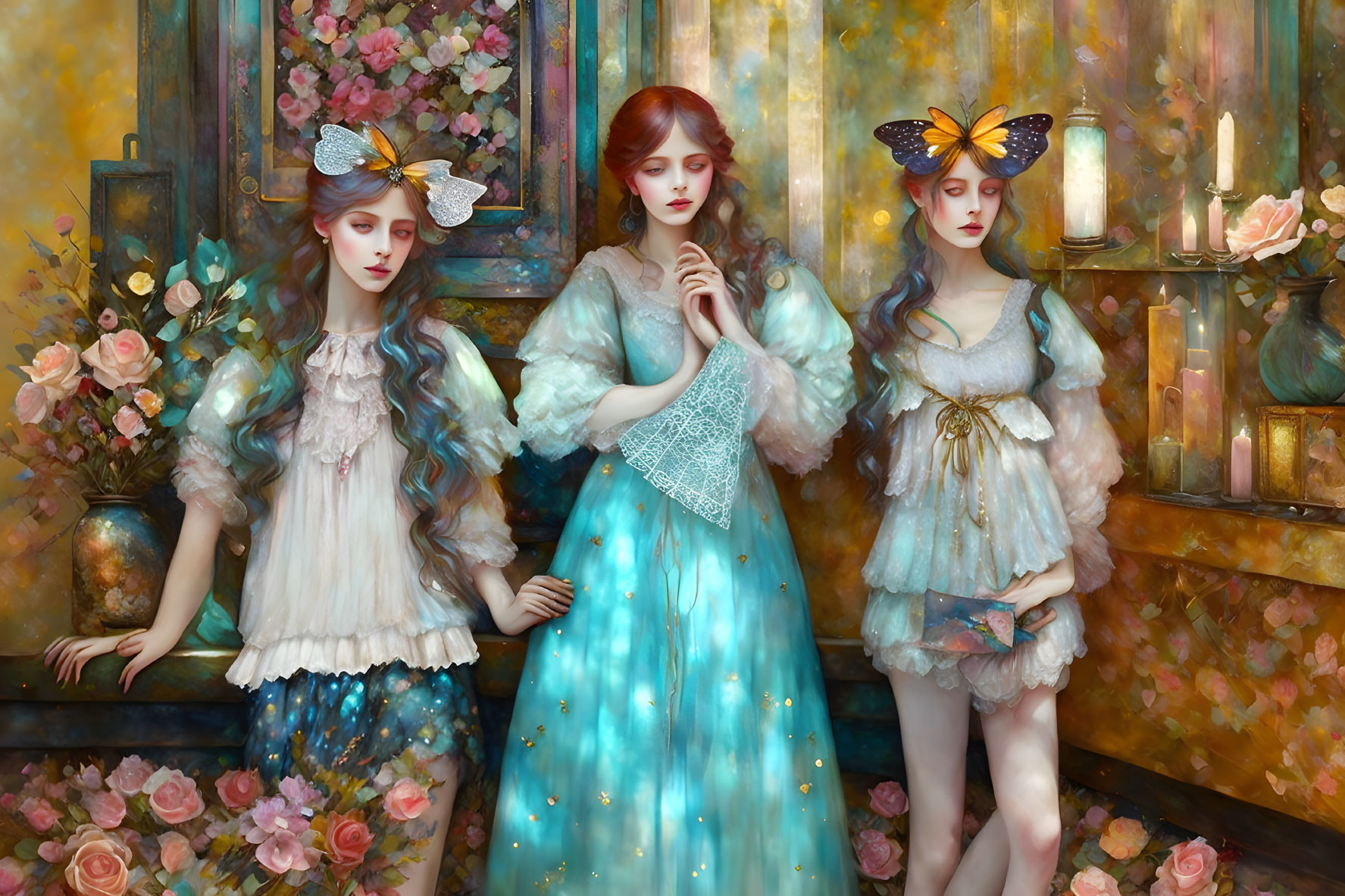 Ethereal women with butterfly accessories in a floral room