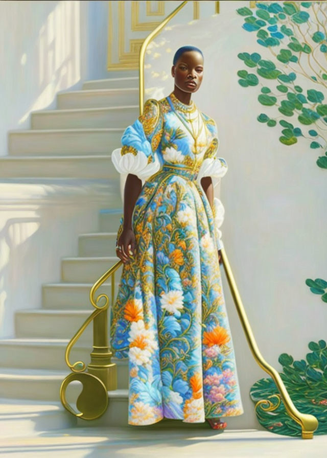 Regal woman in floral gown on staircase with golden staff surrounded by greenery