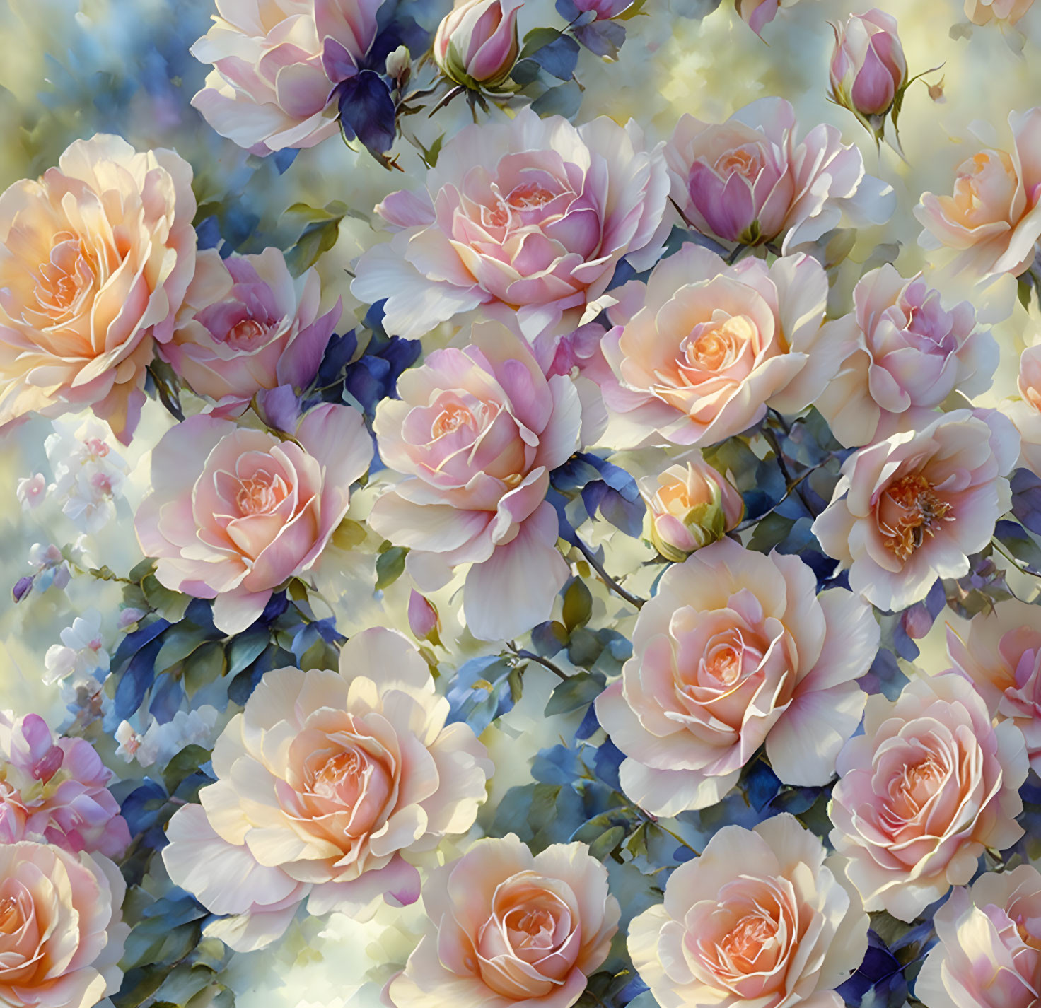 Blooming pink and cream roses on soft-focused background.