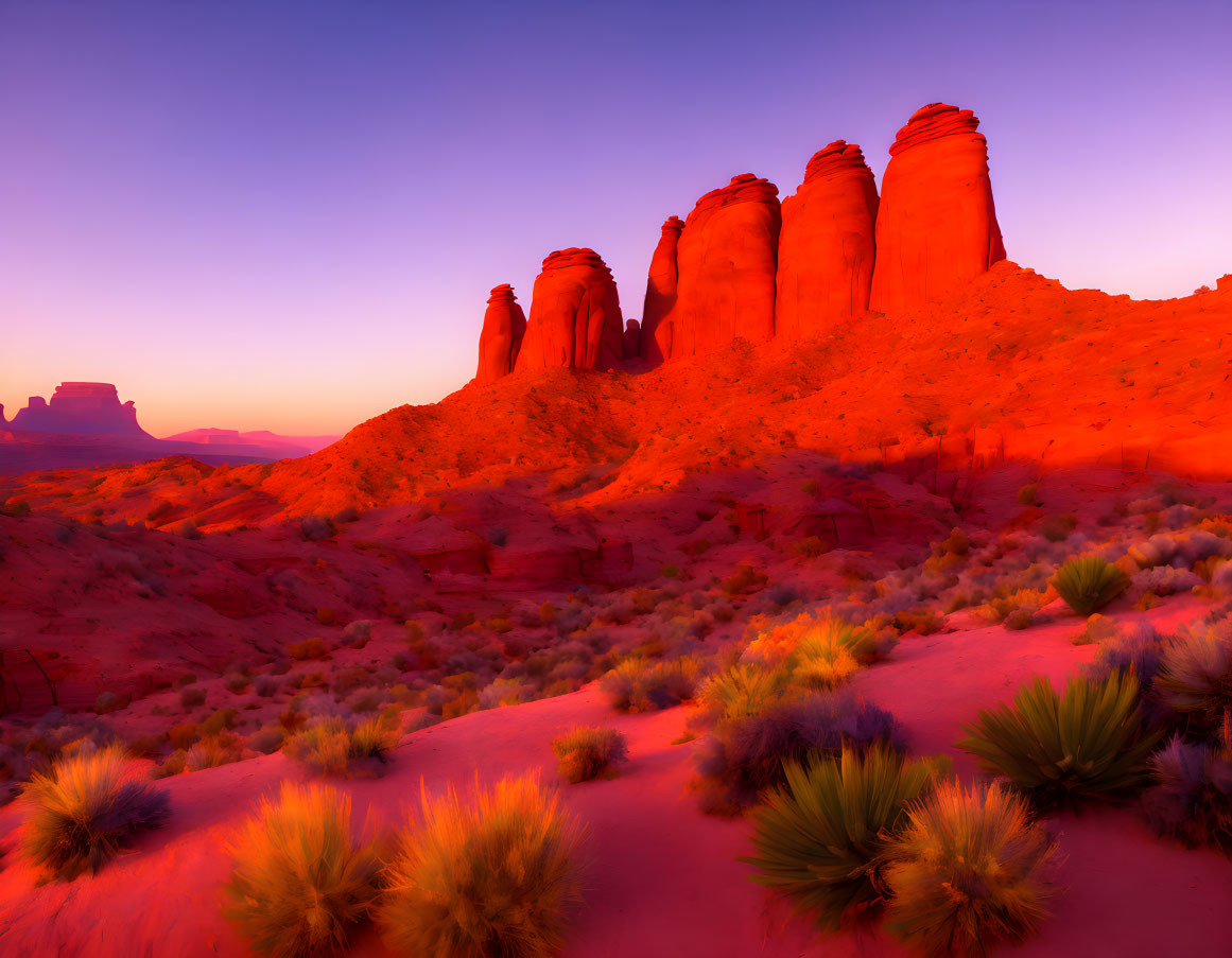 Majestic desert sunset with sandstone formations and purple hues