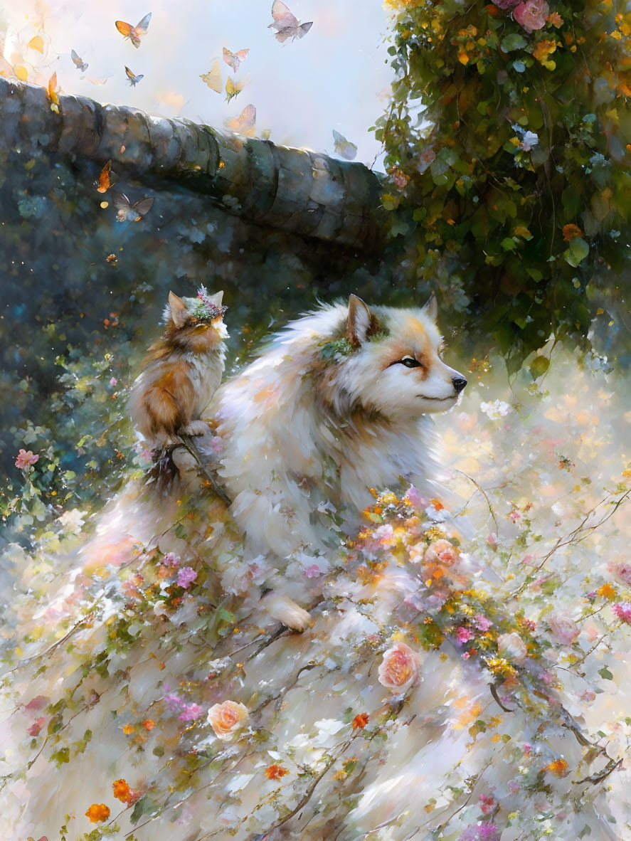 Tranquil painting of white dog, bird, and butterflies in blooming garden