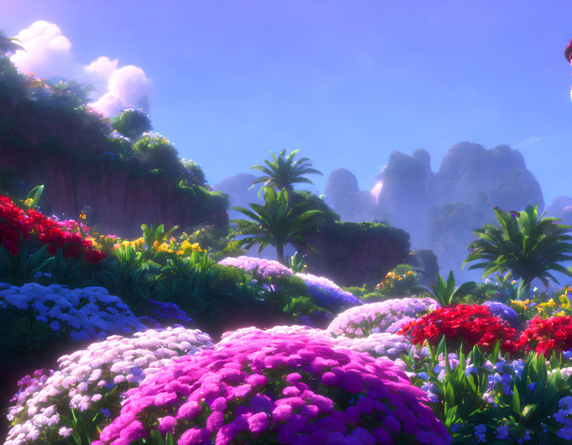 Colorful Flowers, Tropical Trees, and Rocky Cliffs in Serene Landscape