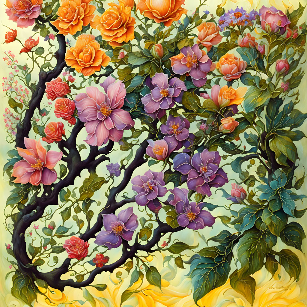 Colorful Flowering Branches Painting on Yellow Gradient Background