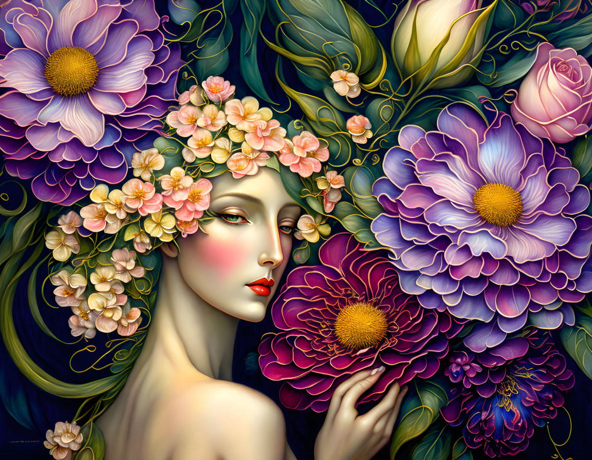 Portrait of woman with pale skin and vibrant flowers in hair.