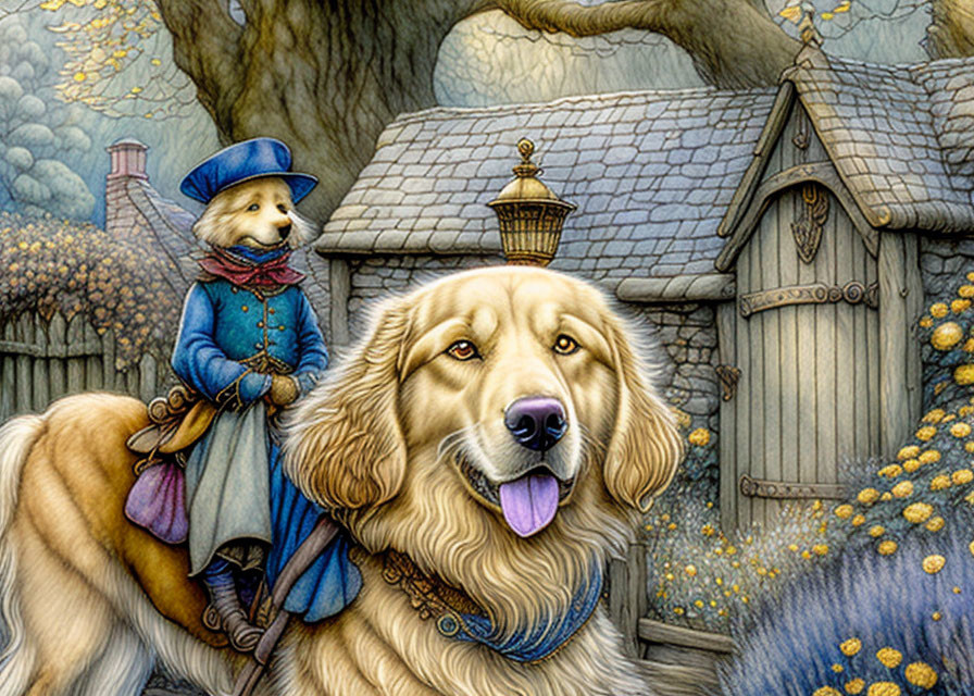 Anthropomorphic fox in historical attire riding golden retriever near cottage