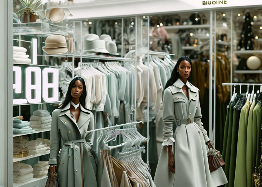 Two women in trench coats at clothing store with hats display