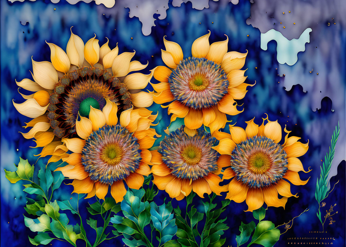 Vivid artwork: Five sunflowers on starry night sky background.