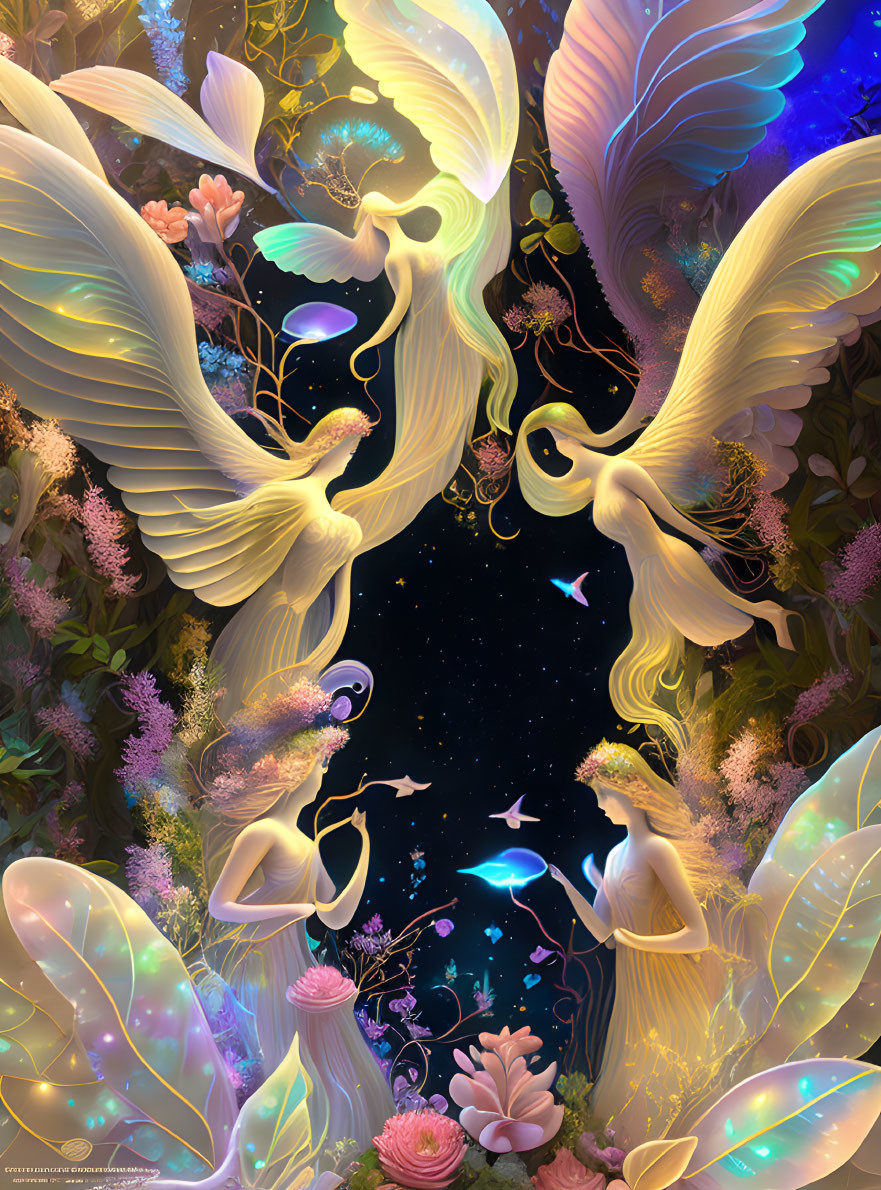 Fantasy illustration of elegant bird-like creatures in celestial environment