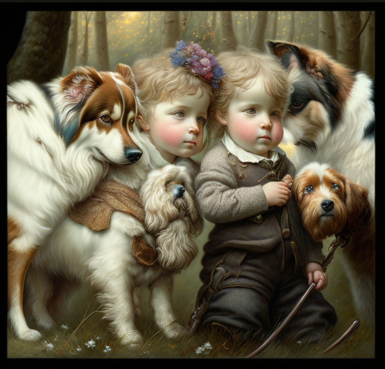 Cherubic children with dogs in mystical forest setting