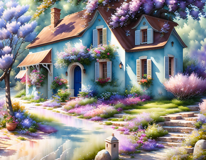 Blue Cottage with Colorful Gardens and Cobblestone Pathway