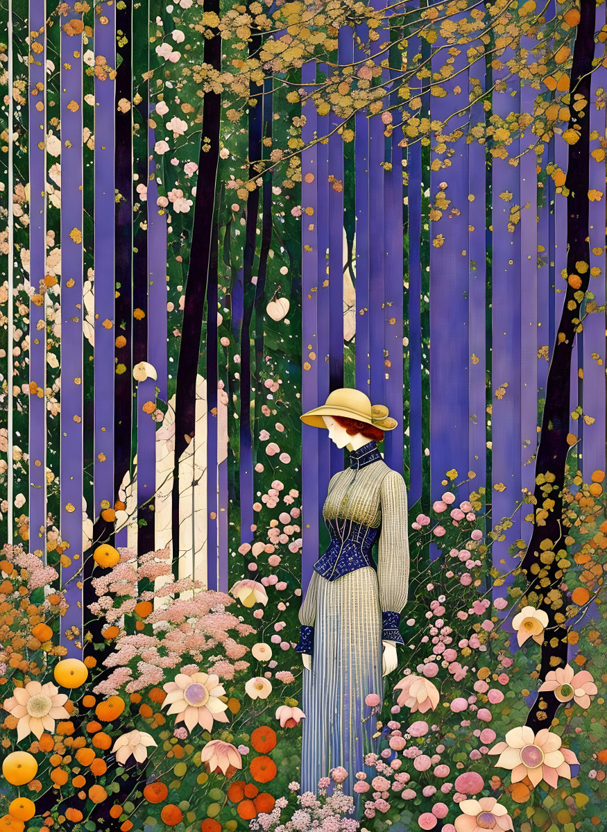 Woman in Striped Dress and Hat in Vibrant Blue Forest