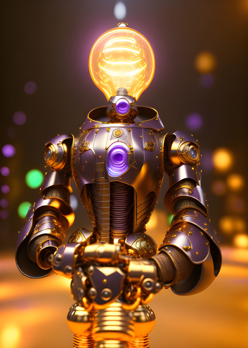 Golden ornate robot with glowing joints and illuminated bulb on head against bokeh light background