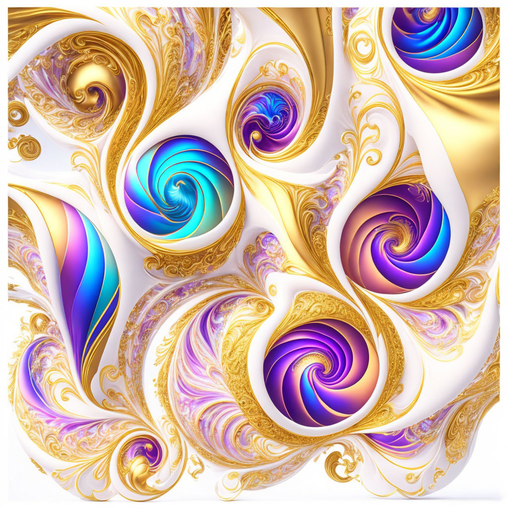 Luxurious Gold, Blue, and Purple Swirling Fractal Designs