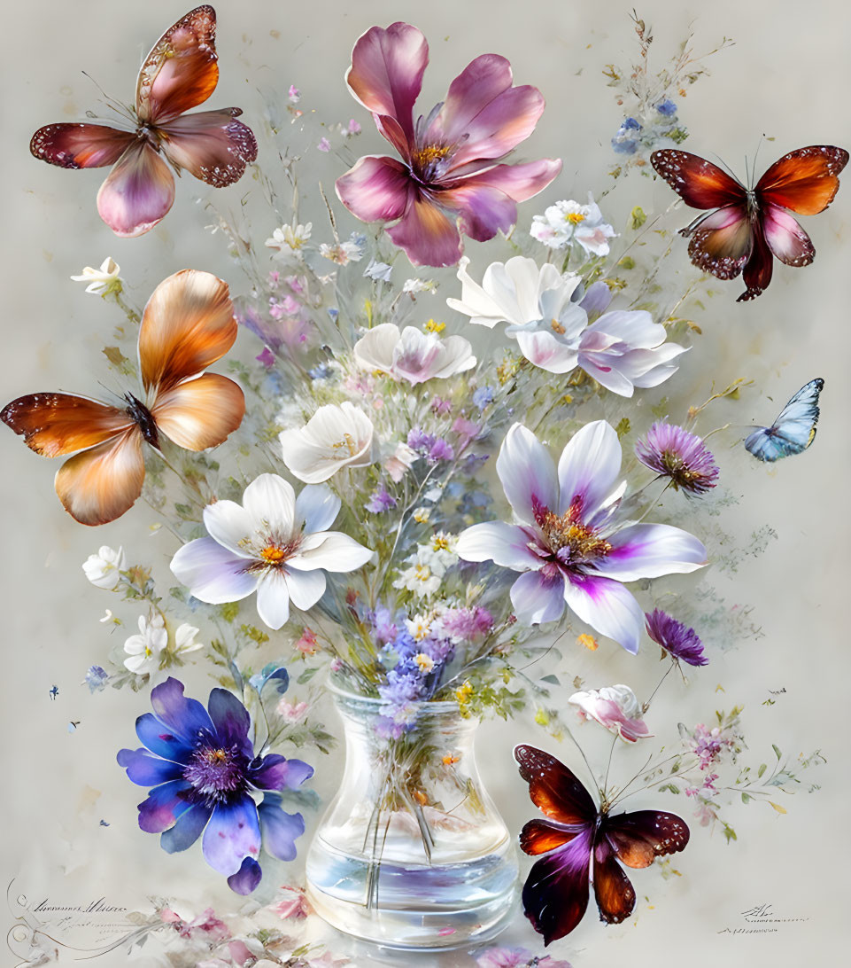 Colorful Floral Arrangement with Butterflies in Glass Vase