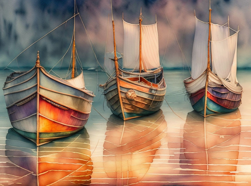 Colorful Wooden Model Sailboats on Reflective Surface with Watercolor Background