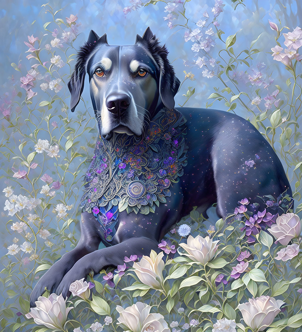 Black Dog with Soulful Eyes Surrounded by Blue and Purple Flowers